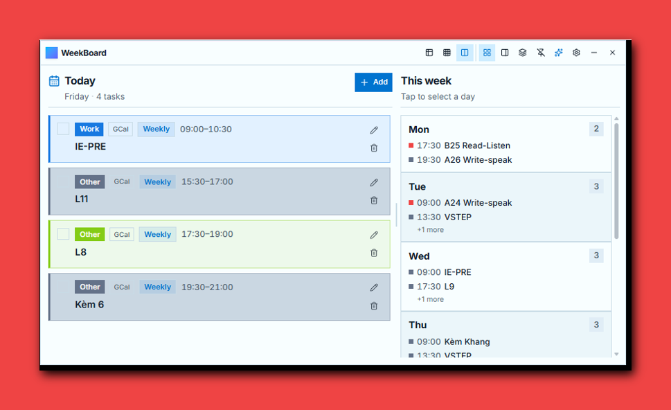 WeekBoard — visual weekly timetable